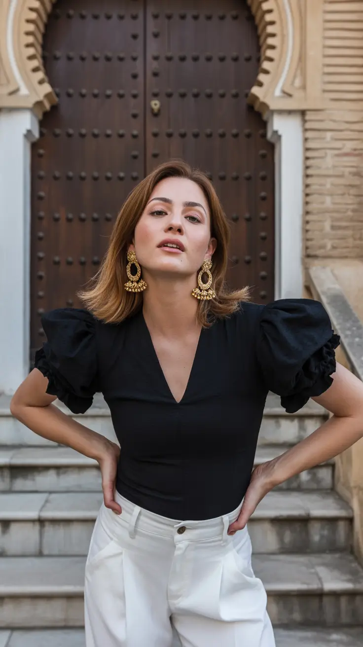 March Outfits Ideas 2026 Black Statement Sleeves with White Tailored Ease