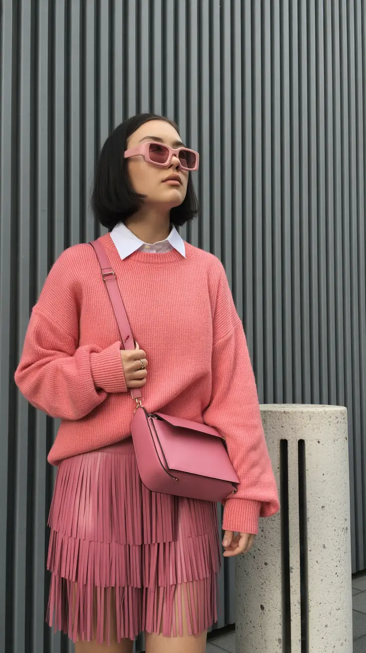 March Outfits Ideas 2026 All-Pink Texture Play with Fringe and Knit
