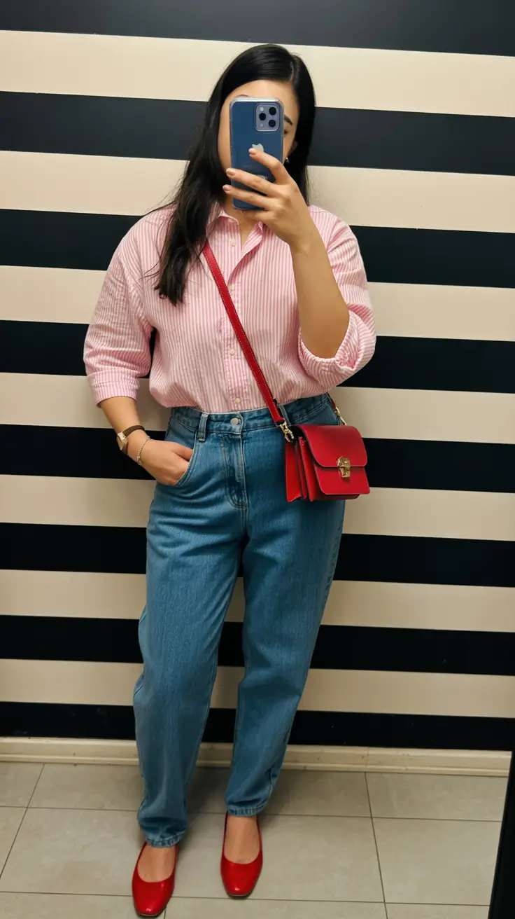 March Outfits Ideas 2026 Crisp Denim Casual with Cherry-Red Accents
