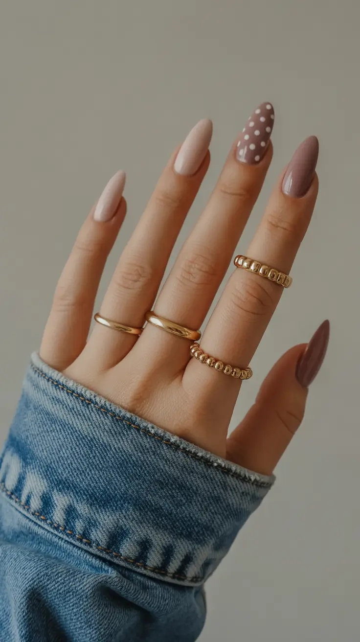 modern spring gel nails looks 2026 Soft Mocha & Polka Accent Almond