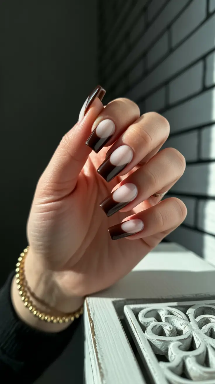 modern spring gel nails looks 2026 Chocolate Contour French on Long Square