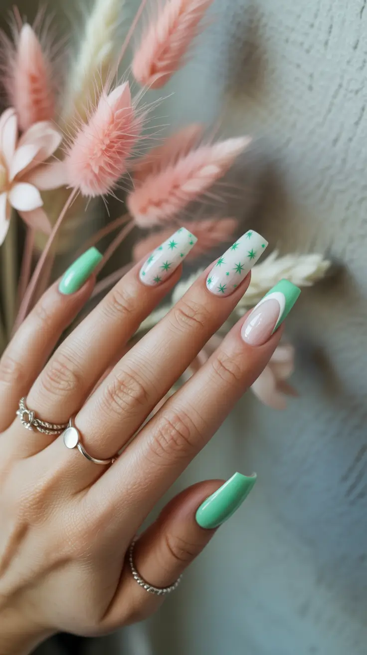 modern spring gel nails looks 2026 Mint Starburst Mix with Modern Negative Space