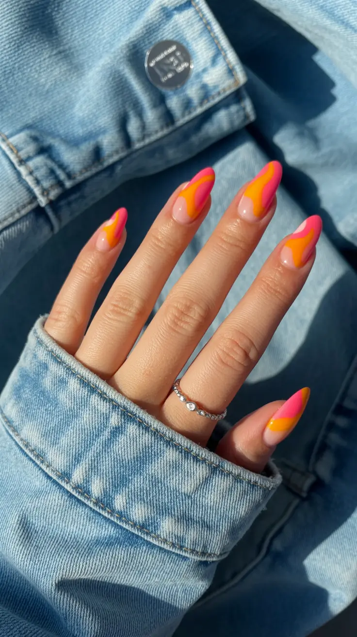 modern spring gel nails looks 2026 Hot Pink & Neon Orange Fluid Waves