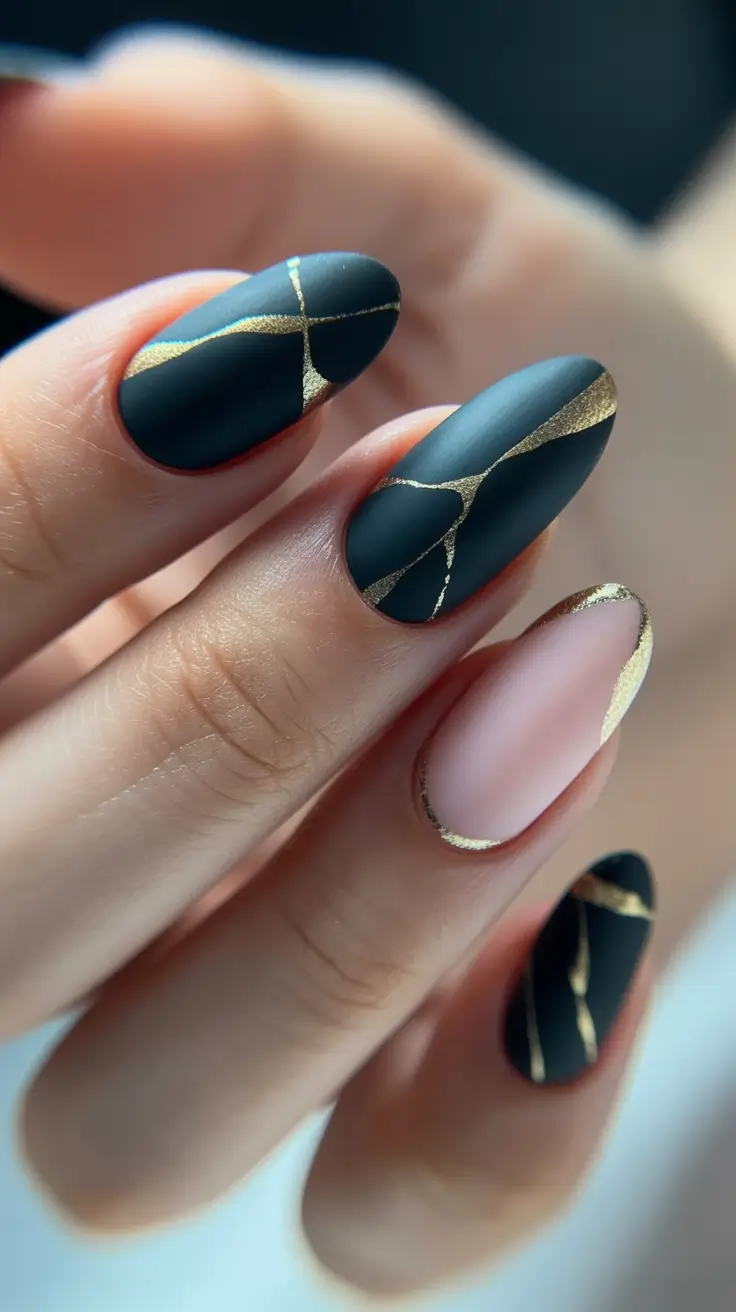 modern spring gel nails looks 2026 Matte Deep Teal with Gold Vein Accent