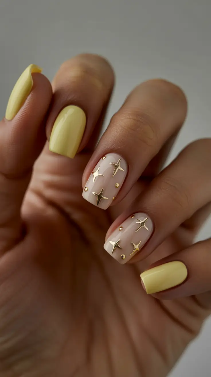 modern spring gel nails looks 2026 Butter Yellow with Gold Star Embellishments