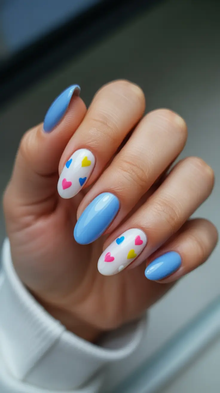 modern spring gel nails looks 2026 Sky Blue & Color Pop Hearts