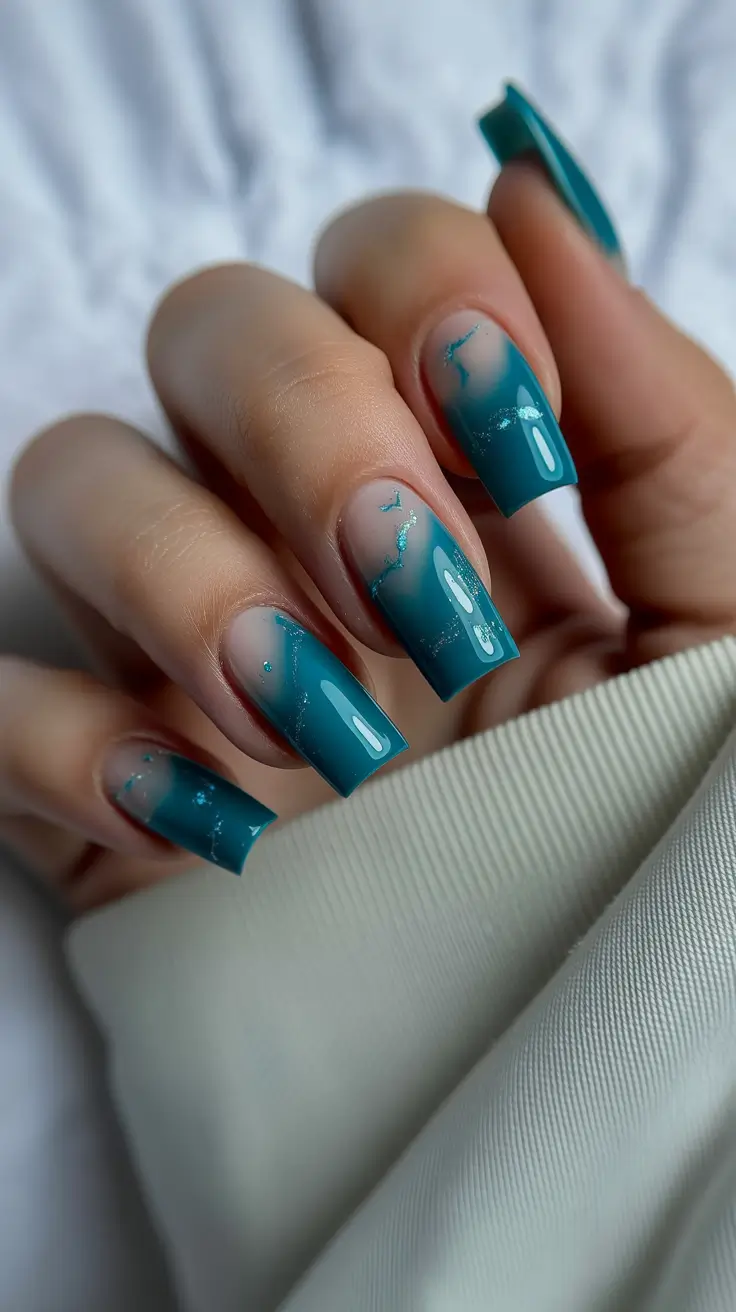 modern spring gel nails looks 2026 Teal Marble Fade with Subtle Veining