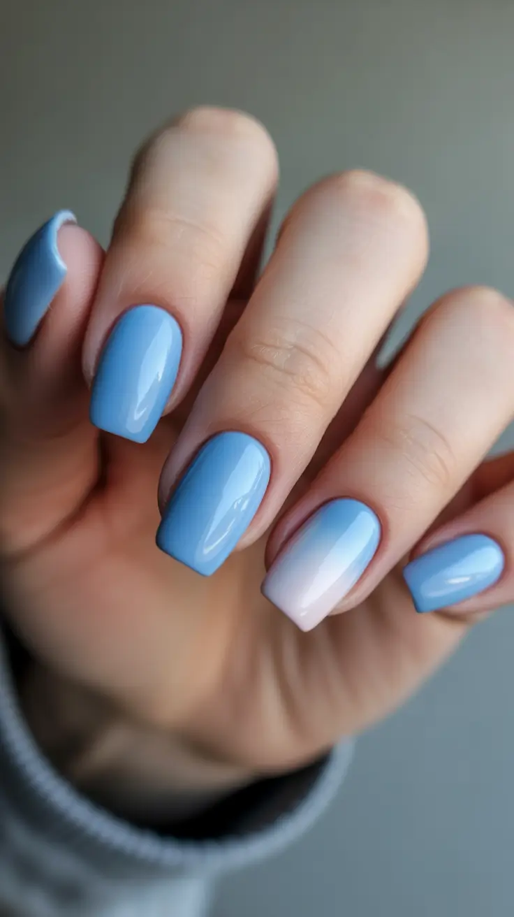modern spring gel nails looks 2026 Soft Blue Ombre Short Square
