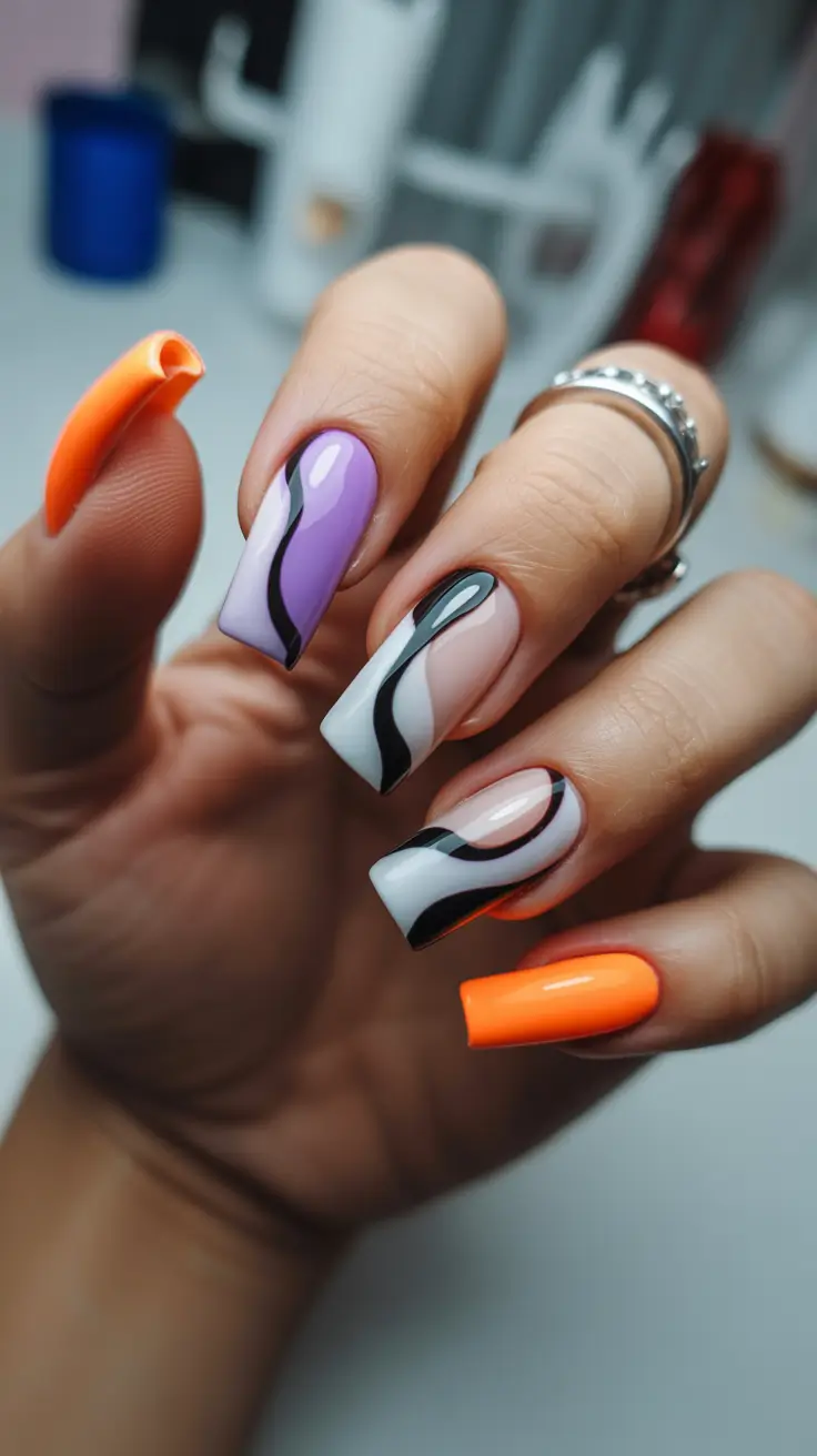modern spring gel nails looks 2026 Graphic Waves in Lilac Neon & High-Gloss Black