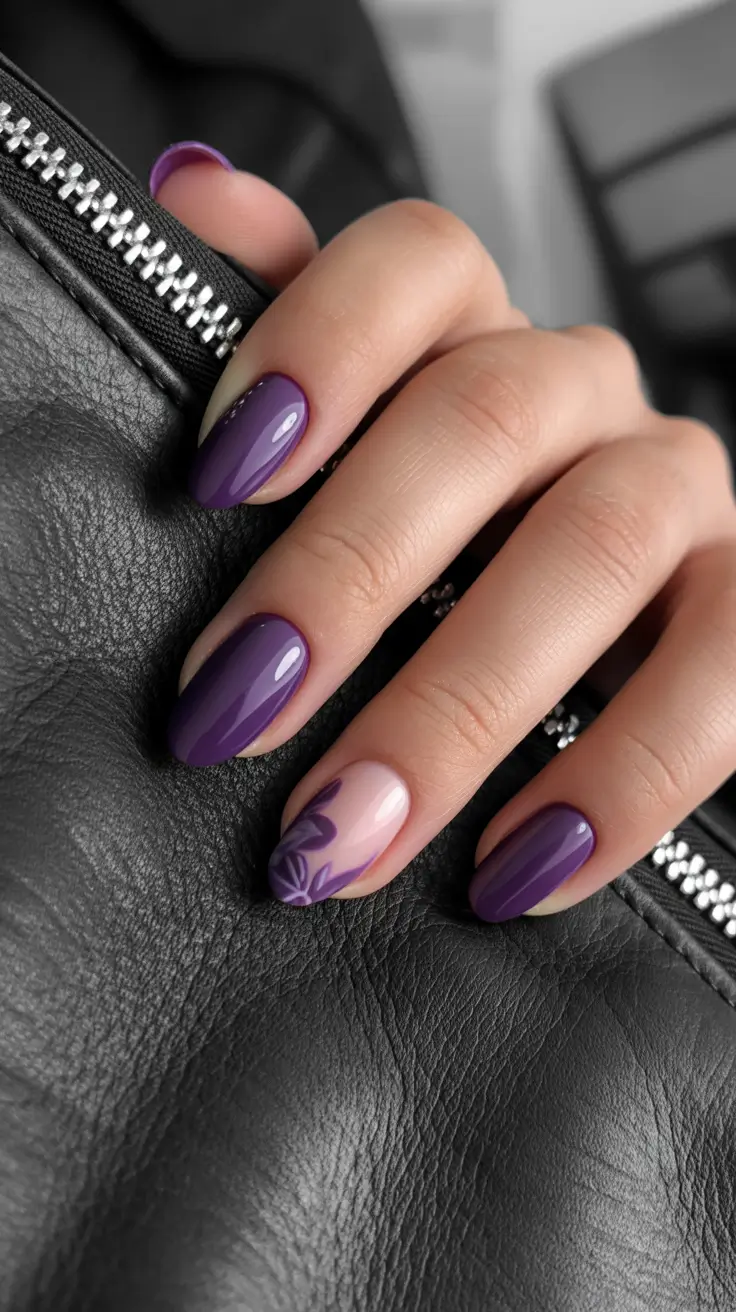 modern spring gel nails looks 2026 Deep Violet Gloss with Floral Accent