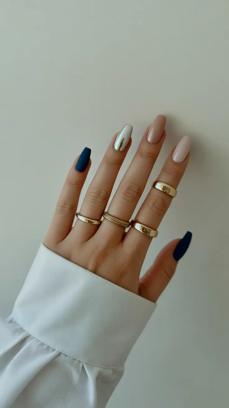 modern spring gel nails looks 2026 Navy Matte Meets Liquid Chrome Accent