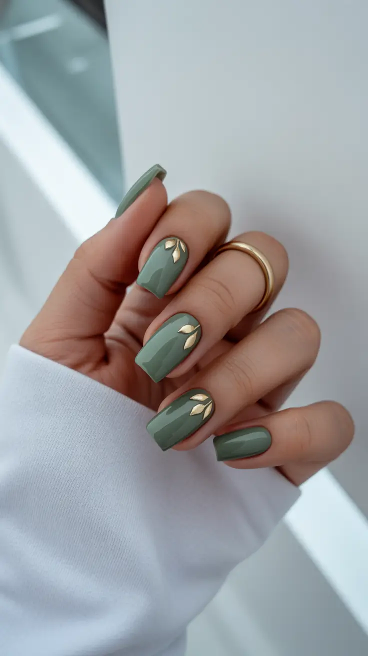 modern spring gel nails looks 2026 Muted Sage with Minimal Gold Leaf Detail