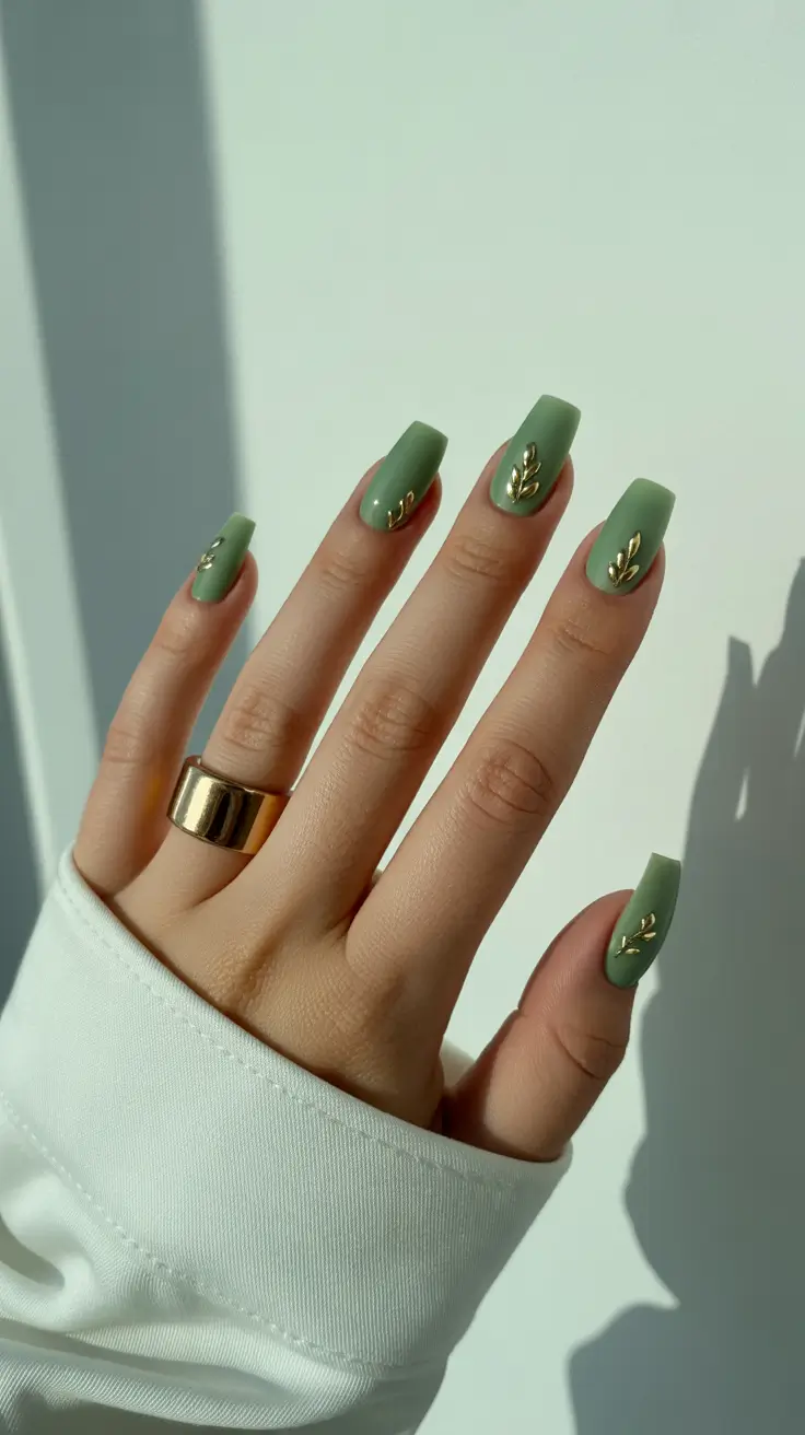 modern spring gel nails looks 2026 Matte Sage Square with Minimal Gold Branch Detail