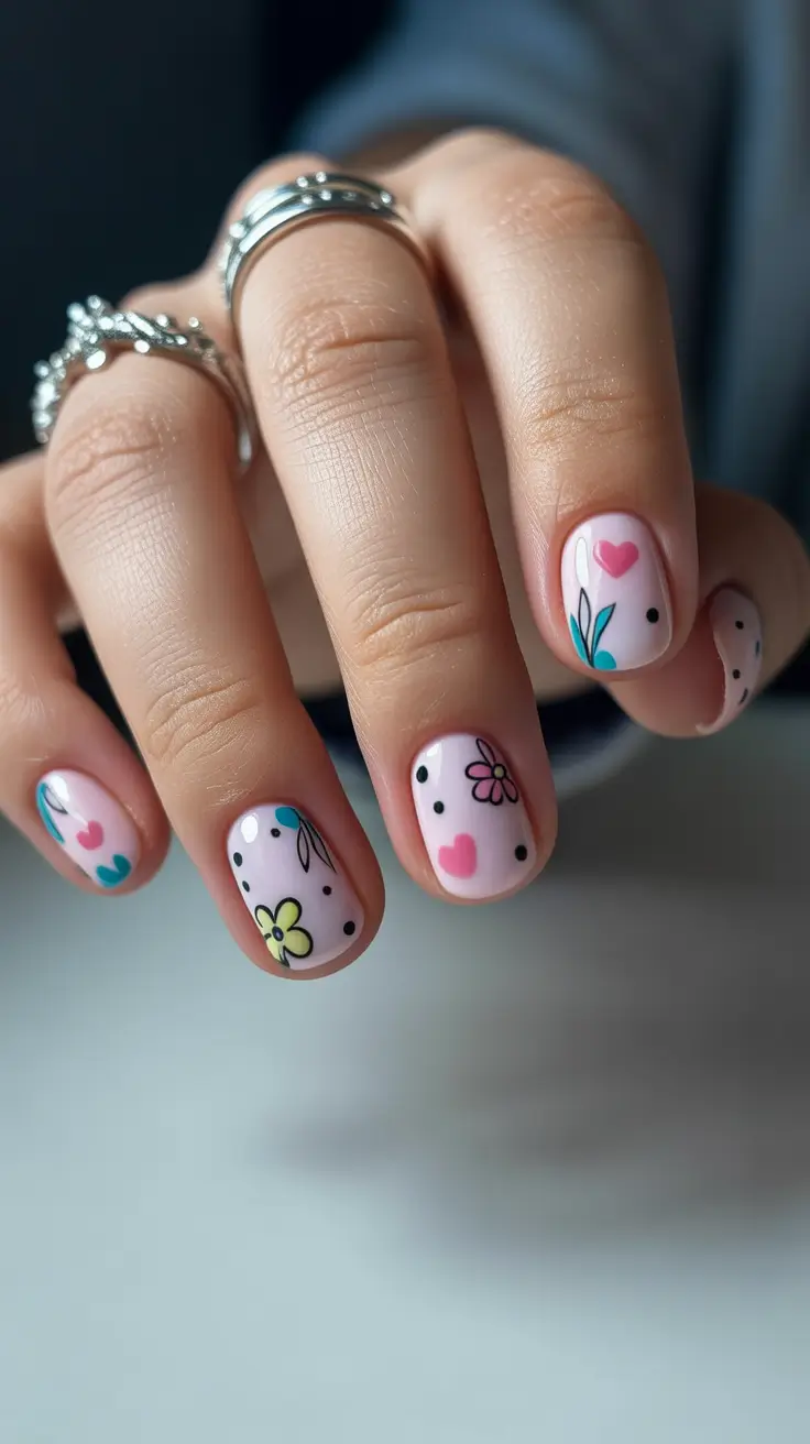 modern spring gel nails looks 2026 Playful Pastel Florals with Micro Hearts