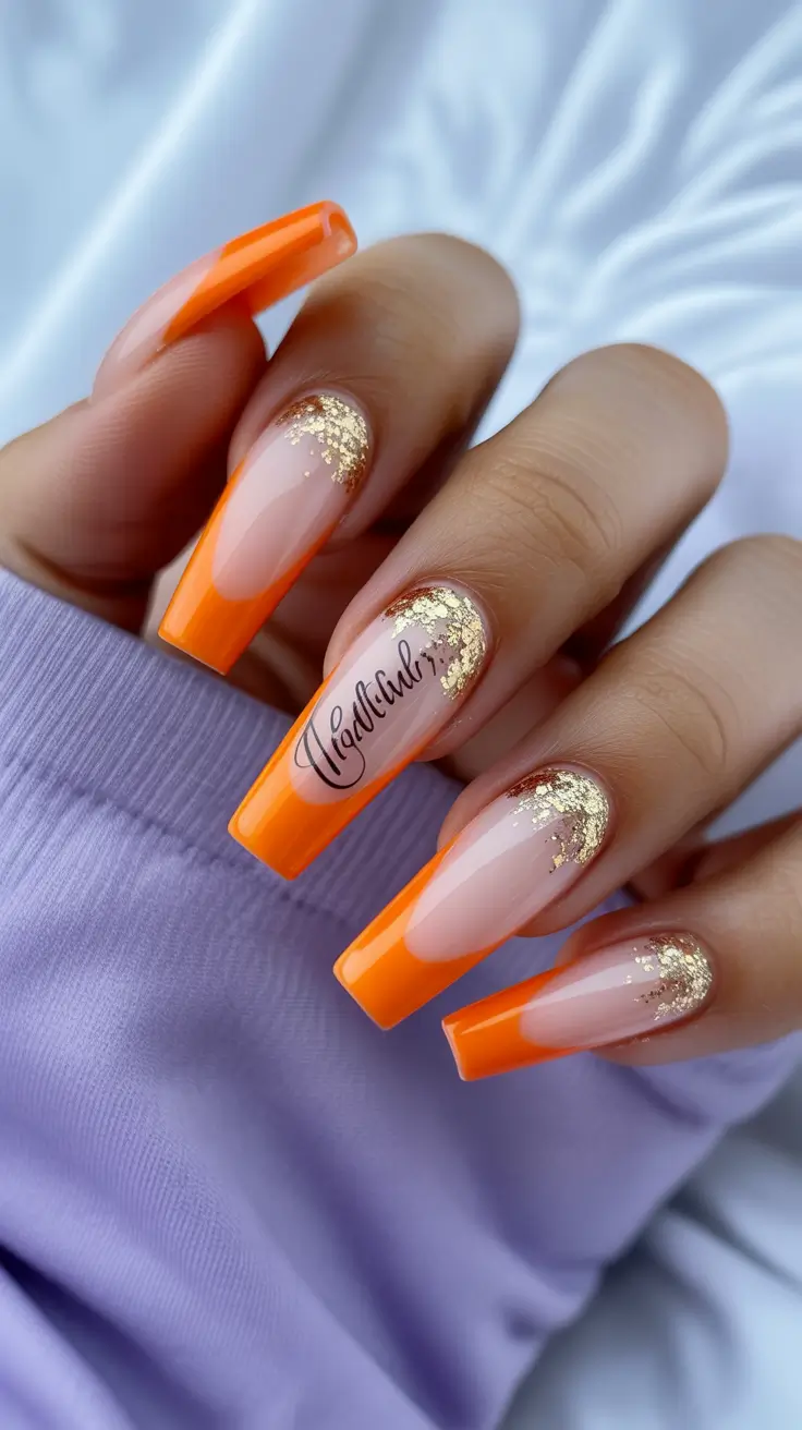 modern spring gel nails looks 2026 Neon Orange French with Gold Foil Fade