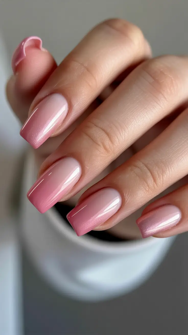 modern spring gel nails looks 2026 Glossy Pink Gradient Square