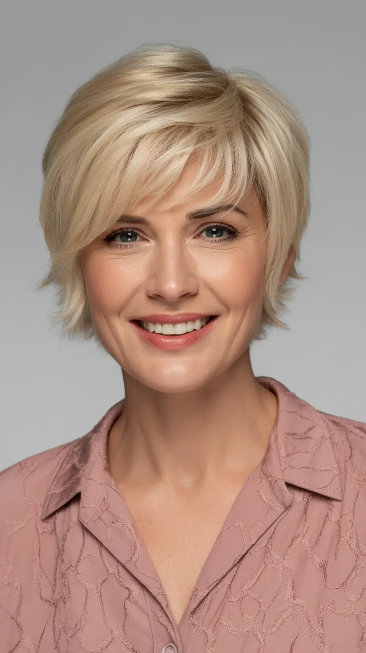 modern spring haircuts for women over 40 2026 Textured Blonde Pixie with Soft Side Layers