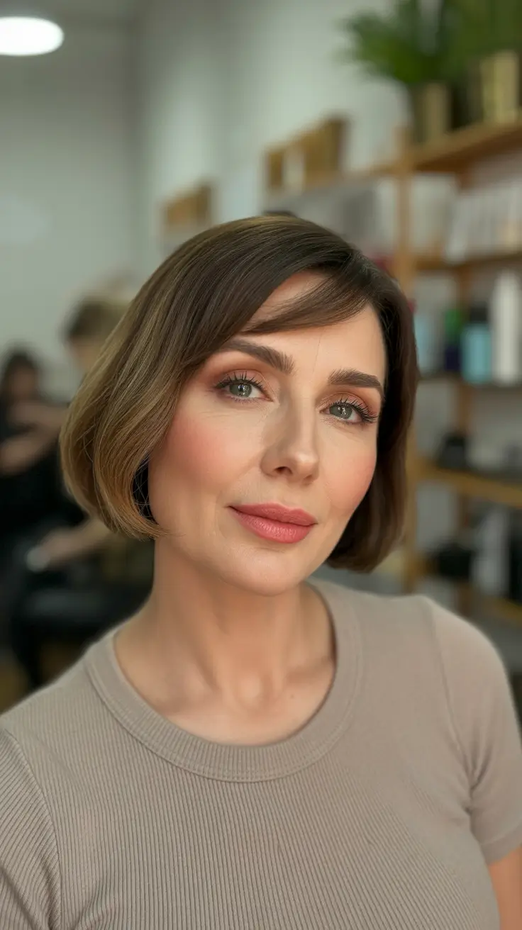 modern spring haircuts for women over 40 2026 Clean Tapered Bob with a Soft Side Fringe