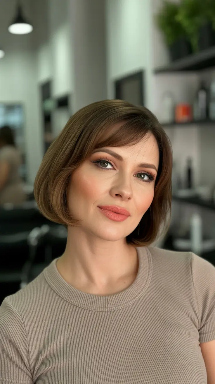 modern spring haircuts for women over 40 2026 Softly Curved Bob with Feminine Side-Swept Bangs