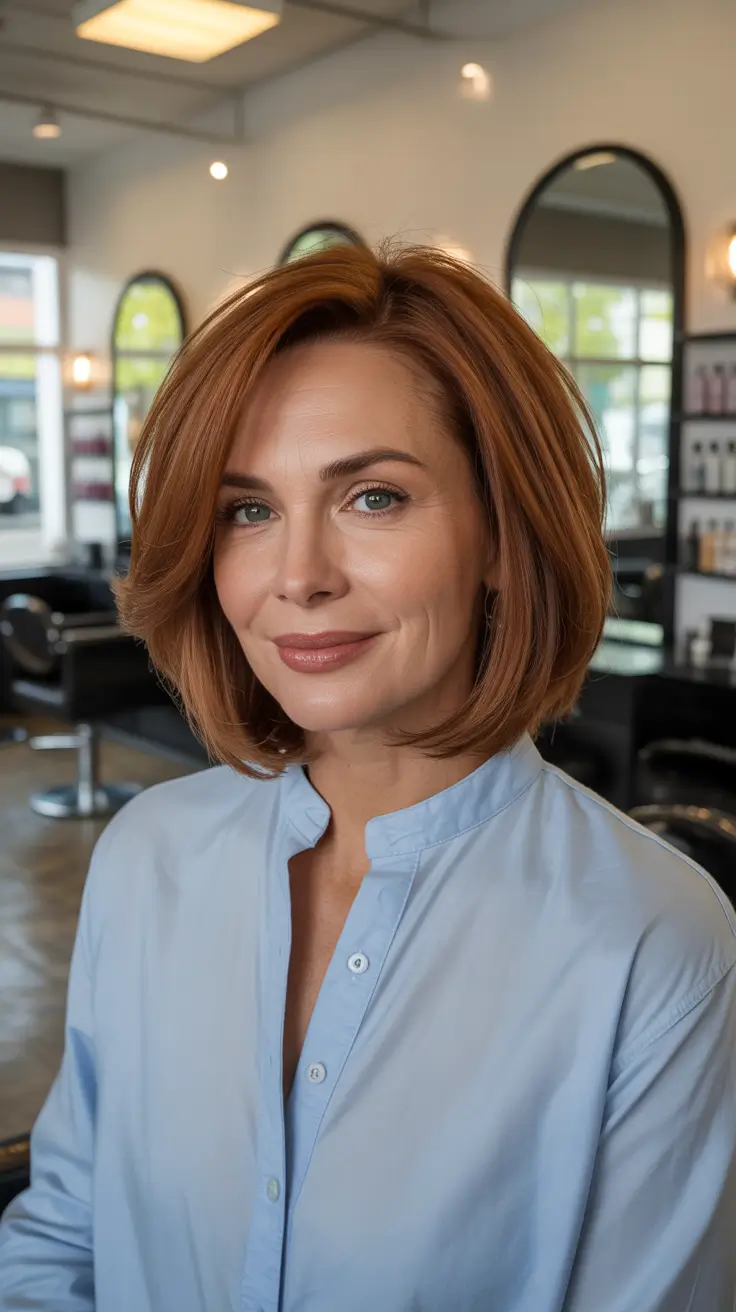 modern spring haircuts for women over 40 2026 Warm Caramel Bob with Layered Movement