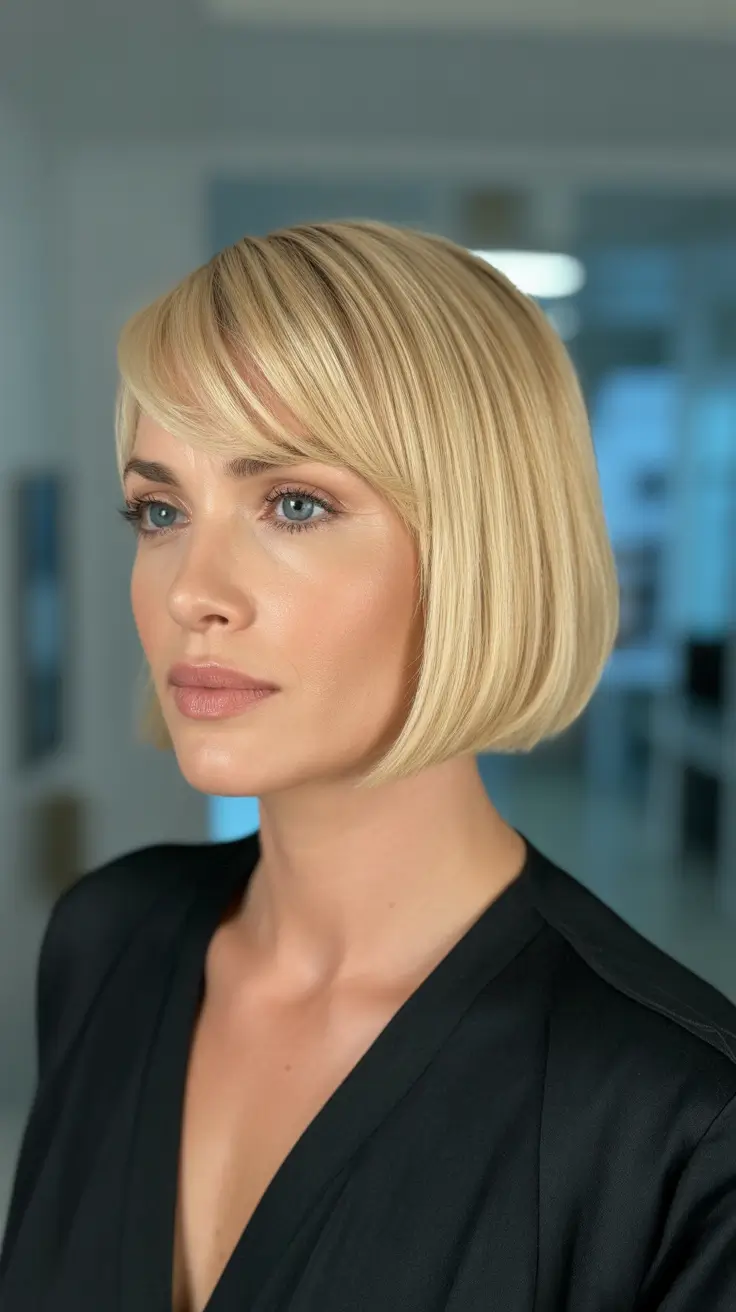 modern spring haircuts for women over 40 2026 Polished Side-Swept Bob with a Modern Edge