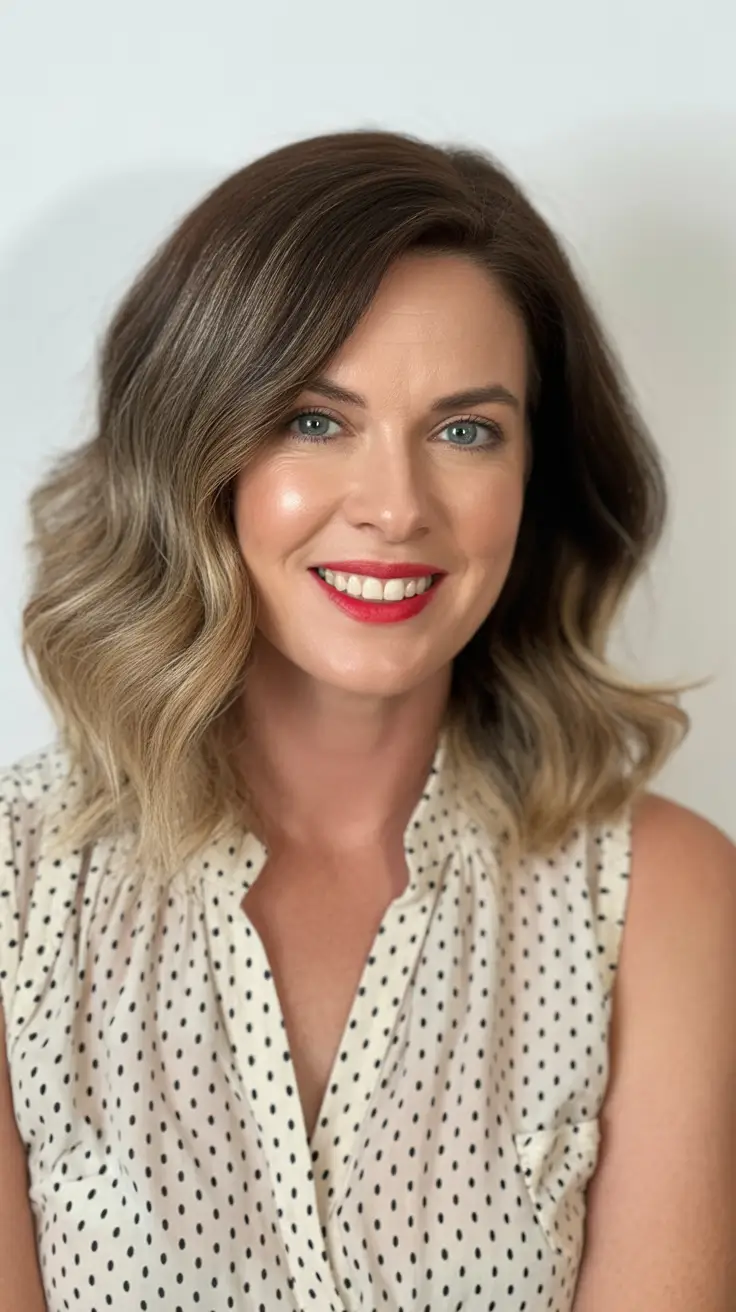 modern spring haircuts for women over 40 2026 Sunlit Wavy Lob with Blended Brunette Tones