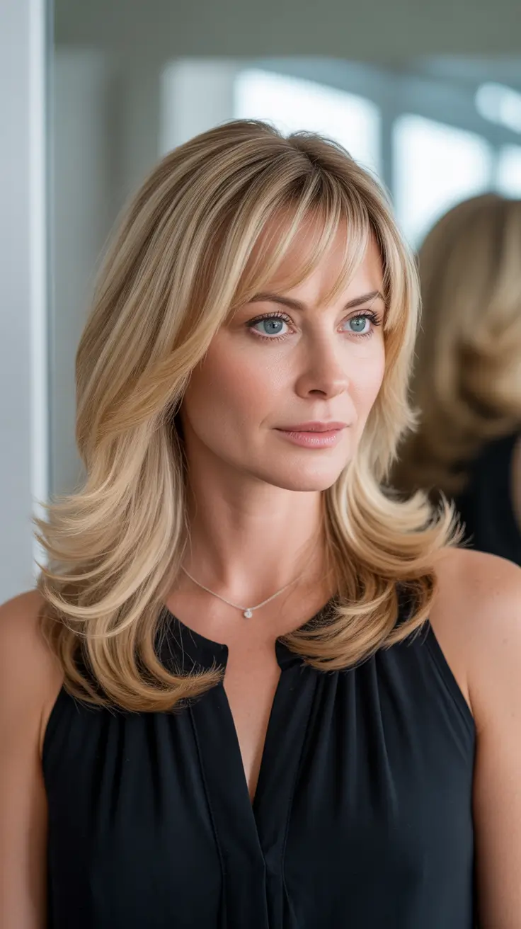 modern spring haircuts for women over 40 2026 Feathered Medium Layers with Soft Curtain Bangs