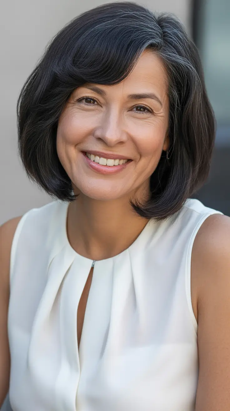 modern spring haircuts for women over 50 2026 Soft Layered Bob With Natural Gray Accents