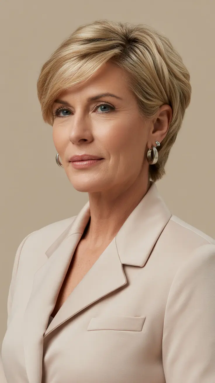 modern spring haircuts for women over 50 2026 Chic Blonde Long Pixie With Tapered Sides