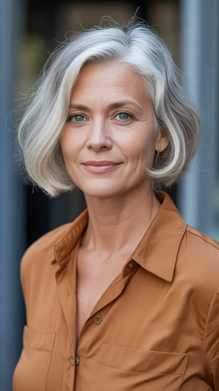 modern spring haircuts for women over 50 2026 Soft Silver Mid Length Bob With Natural Flow
