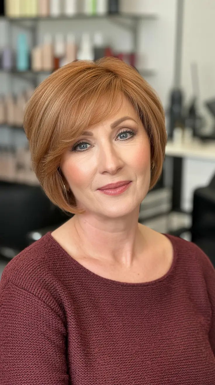 modern spring haircuts for women over 50 2026 Warm Auburn Short Bob With Side Sweep