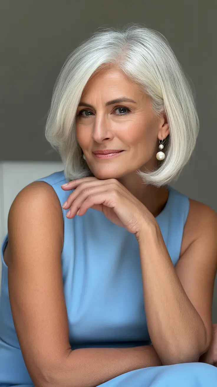 modern spring haircuts for women over 50 2026 Elegant Silver Classic Bob With Side Part
