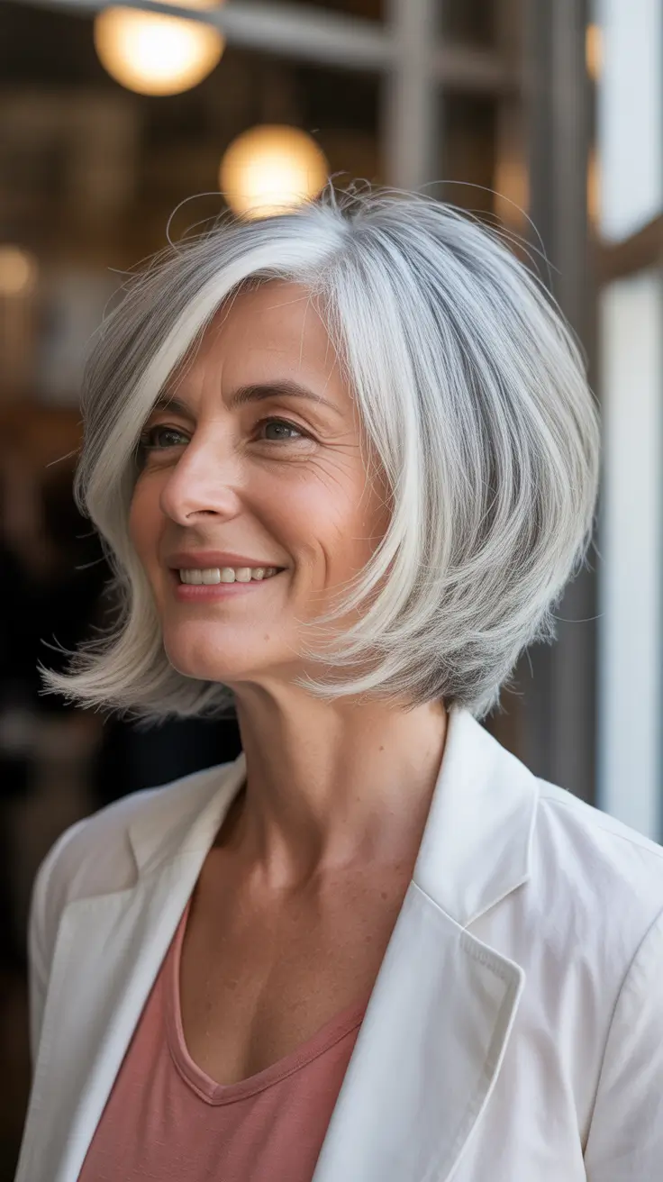 modern spring haircuts for women over 50 2026 Layered Silver Mid Length With Soft Flip
