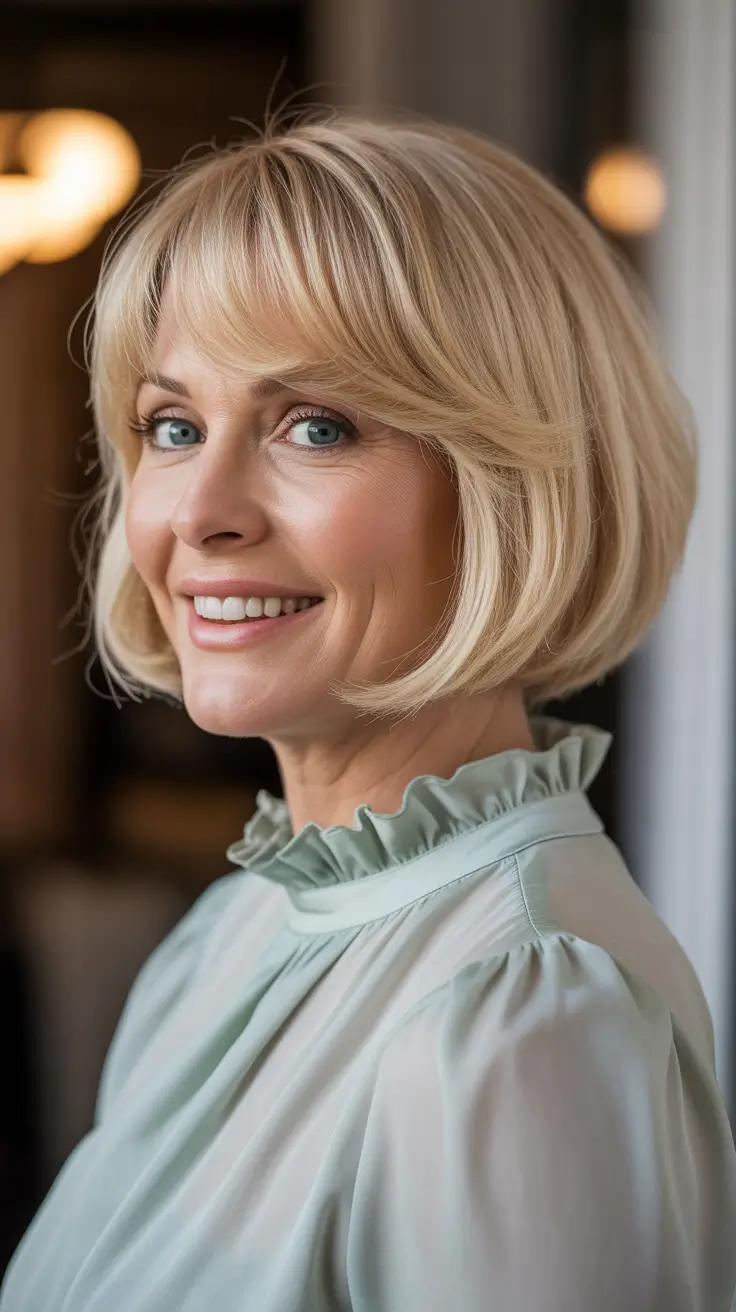 modern spring haircuts for women over 50 2026 Soft Blonde Short Bob With Rounded Shape