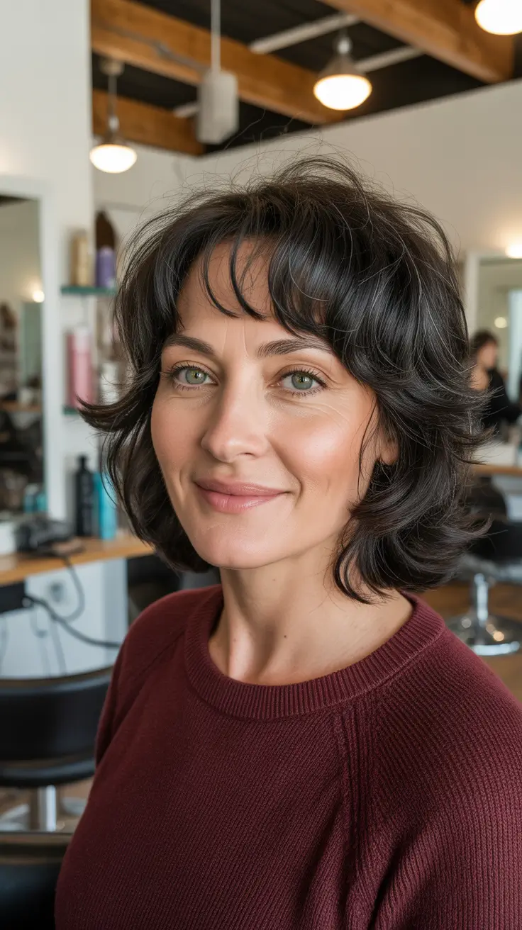 modern spring haircuts for women over 50 2026 Textured Short Curly Shag With Modern Fringe