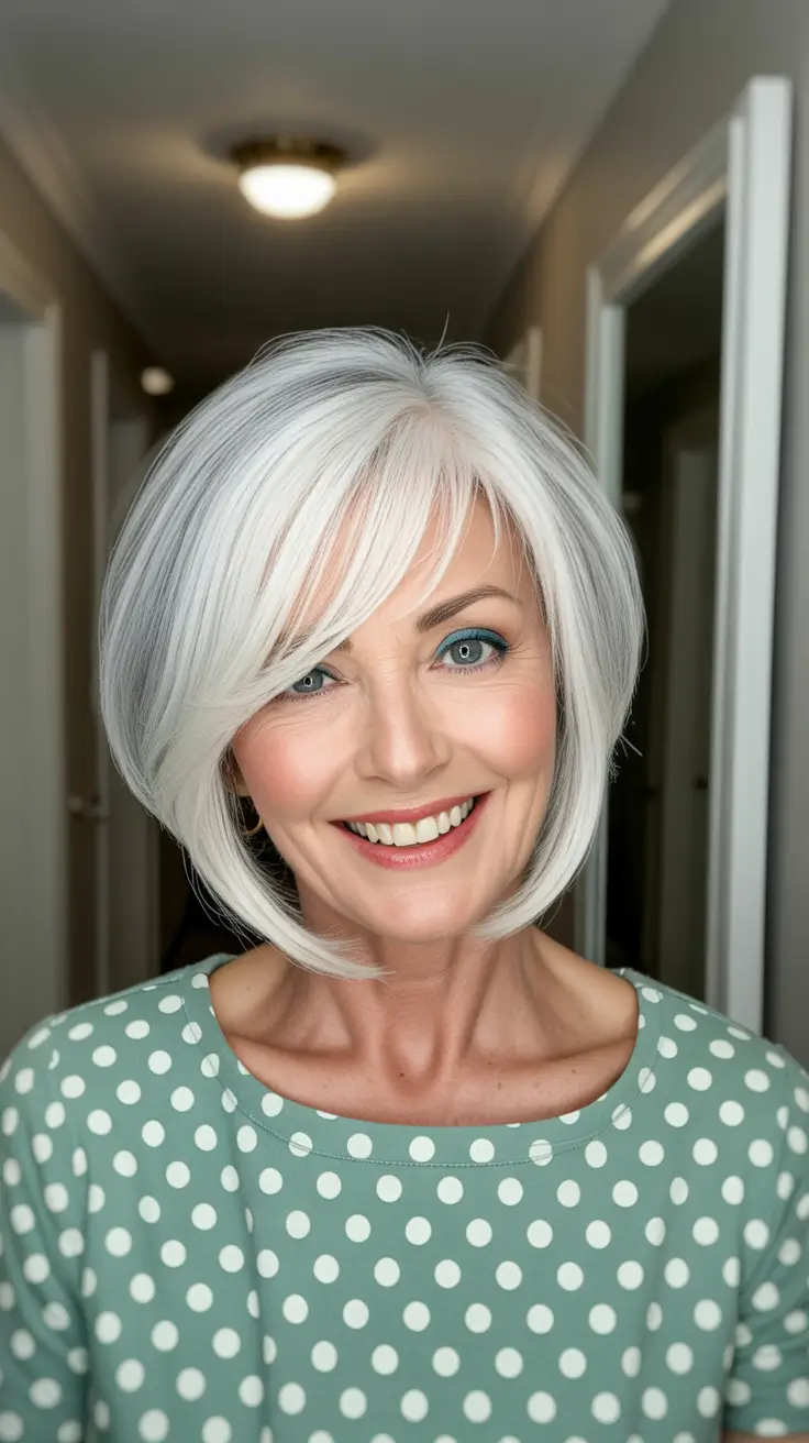modern spring haircuts for women over 50 2026 Bright Blonde Long Bob With Sweeping Side Bang