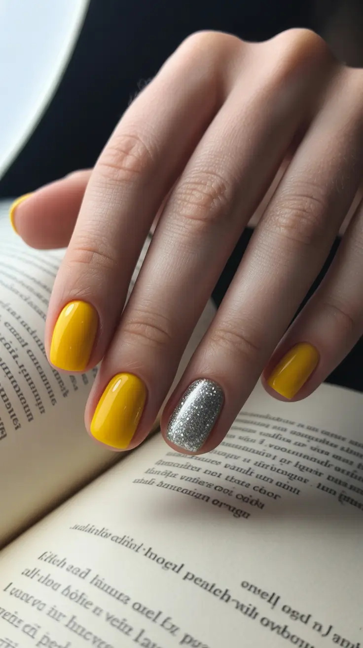 modern trendy spring nails 2026 Mustard Yellow with Silver Sparkle Accent