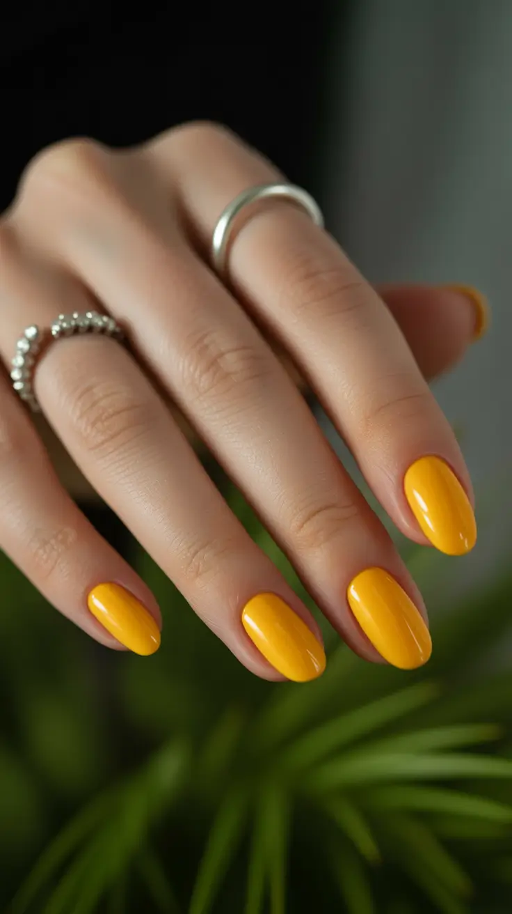 modern trendy spring nails 2026 Glossy Mustard Minimalism on Soft Oval