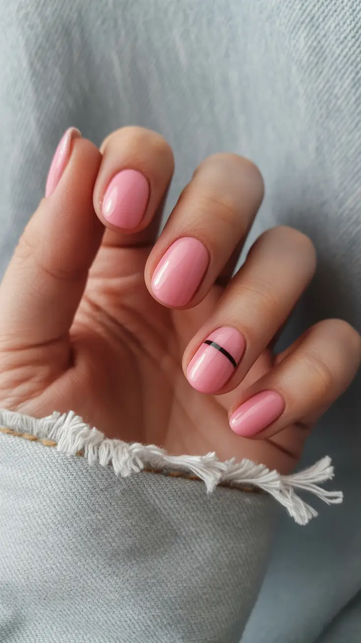modern trendy spring nails 2026 Baby Pink with Minimal Black Stripe Detail