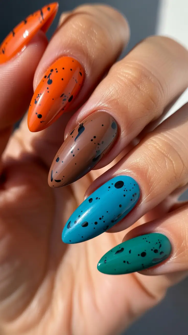 modern trendy spring nails 2026 Multicolor Almond with Artistic Splatter