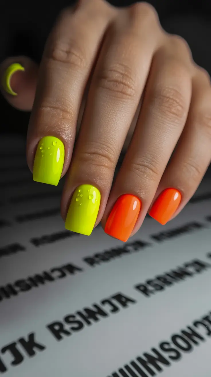 modern trendy spring nails 2026 Neon Lime and Tangerine Color Block Square