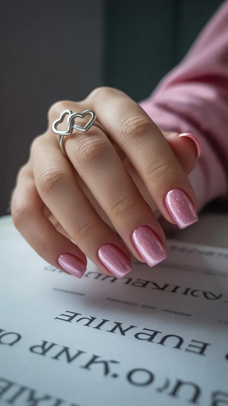 modern trendy spring nails 2026 Soft Pink Shimmer for Effortless Square Nails