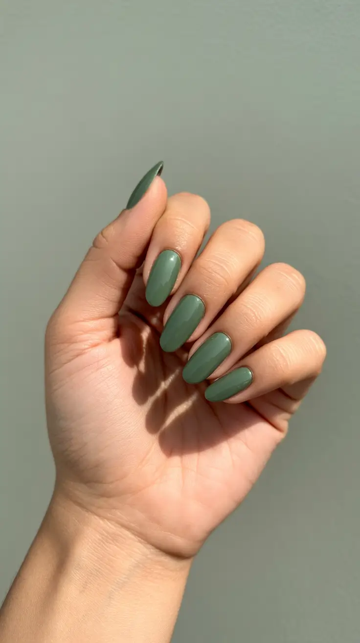 modern trendy spring nails 2026 Muted Sage Green on Elegant Almond