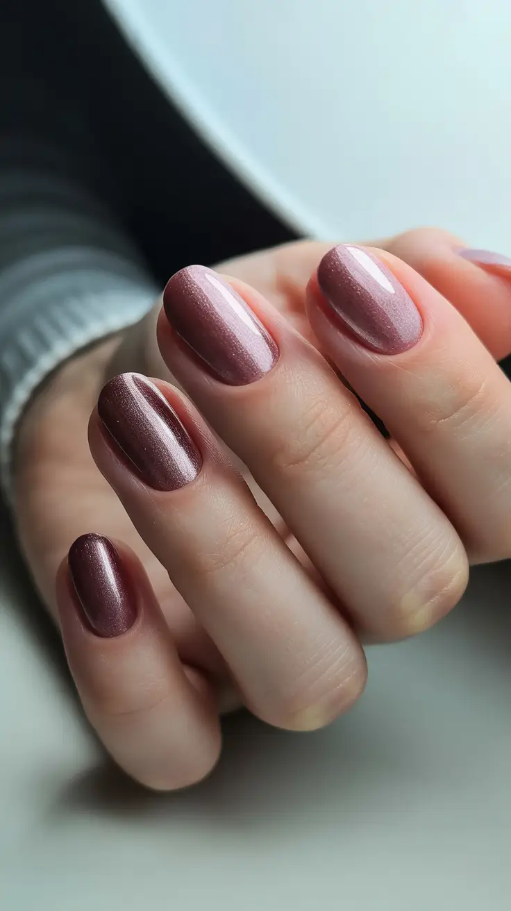 modern trendy spring nails 2026 Metallic Mauve Shimmer on Short Square