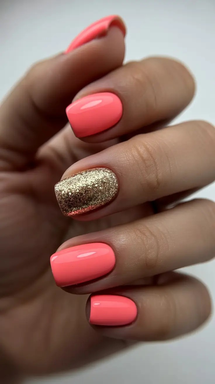 modern trendy spring nails 2026 Coral Bright with Gold Ombre Accent