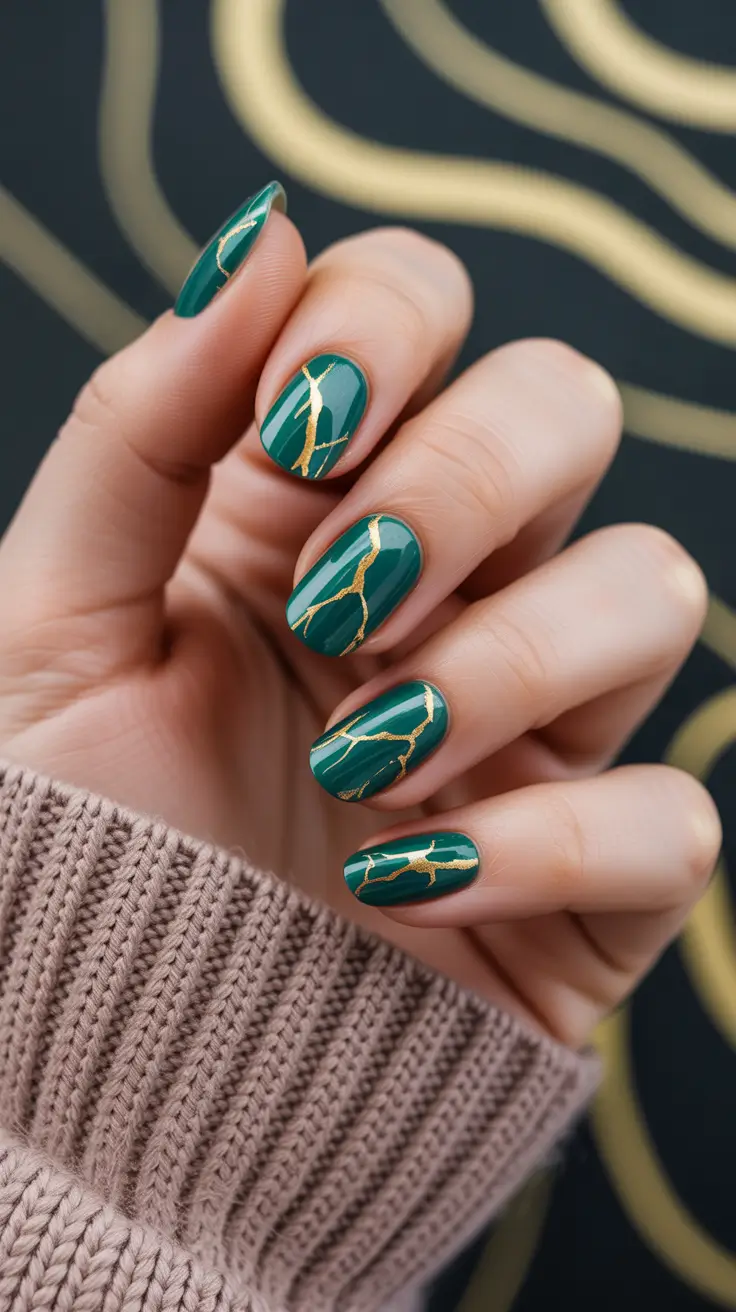 modern trendy spring nails 2026 Deep Emerald with Gold Veining Drama