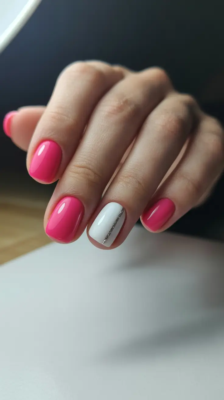 modern trendy spring nails 2026 Hot Pink Pop with Graphic Silver Line