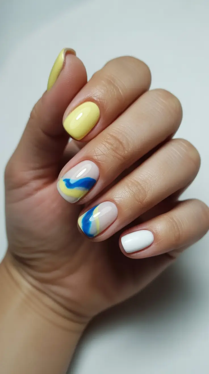 modern trendy spring nails 2026 Pastel Yellow with Blue Wave Accent