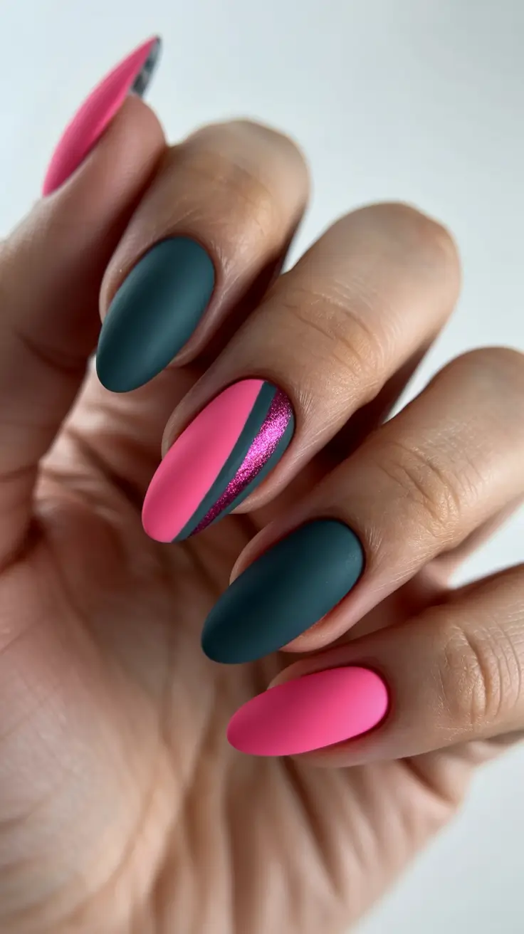 pastel colorful spring nails 2026 Matte Teal & Pink with Glitter Stripe Accent