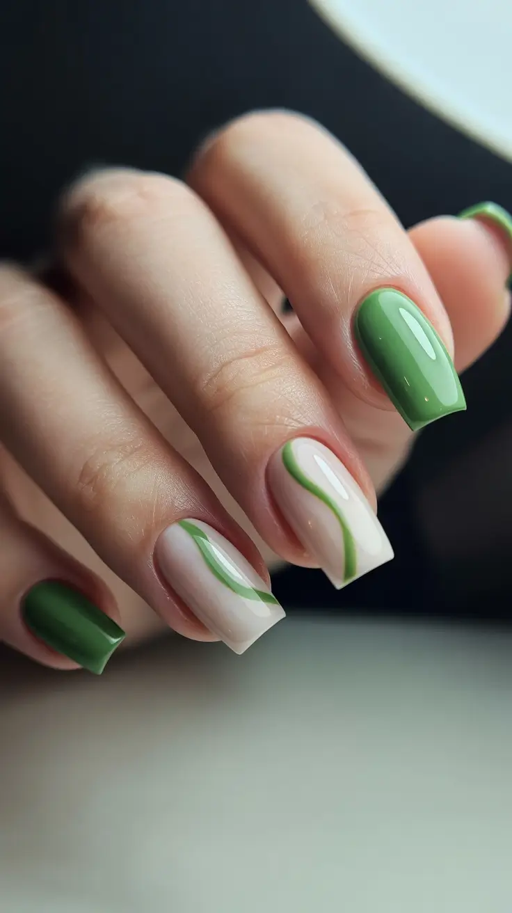 pastel colorful spring nails 2026 Olive Green Waves on Milky Base